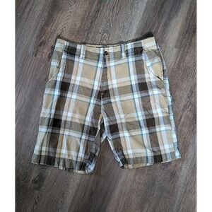 ARIZONA JEAN CO MENS SHORTS W 38 10" INSEAM Tan Blue PLAID MADRAS STYLE RELAX